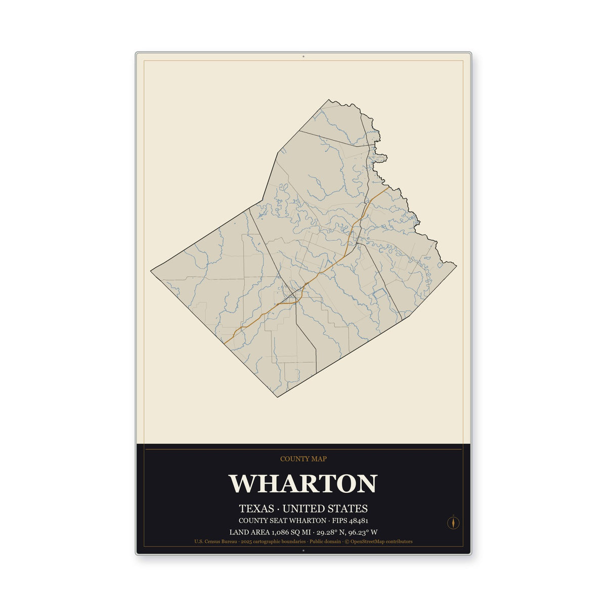 Wharton County, Texas Map Aluminum Sign in Museum Plaque style