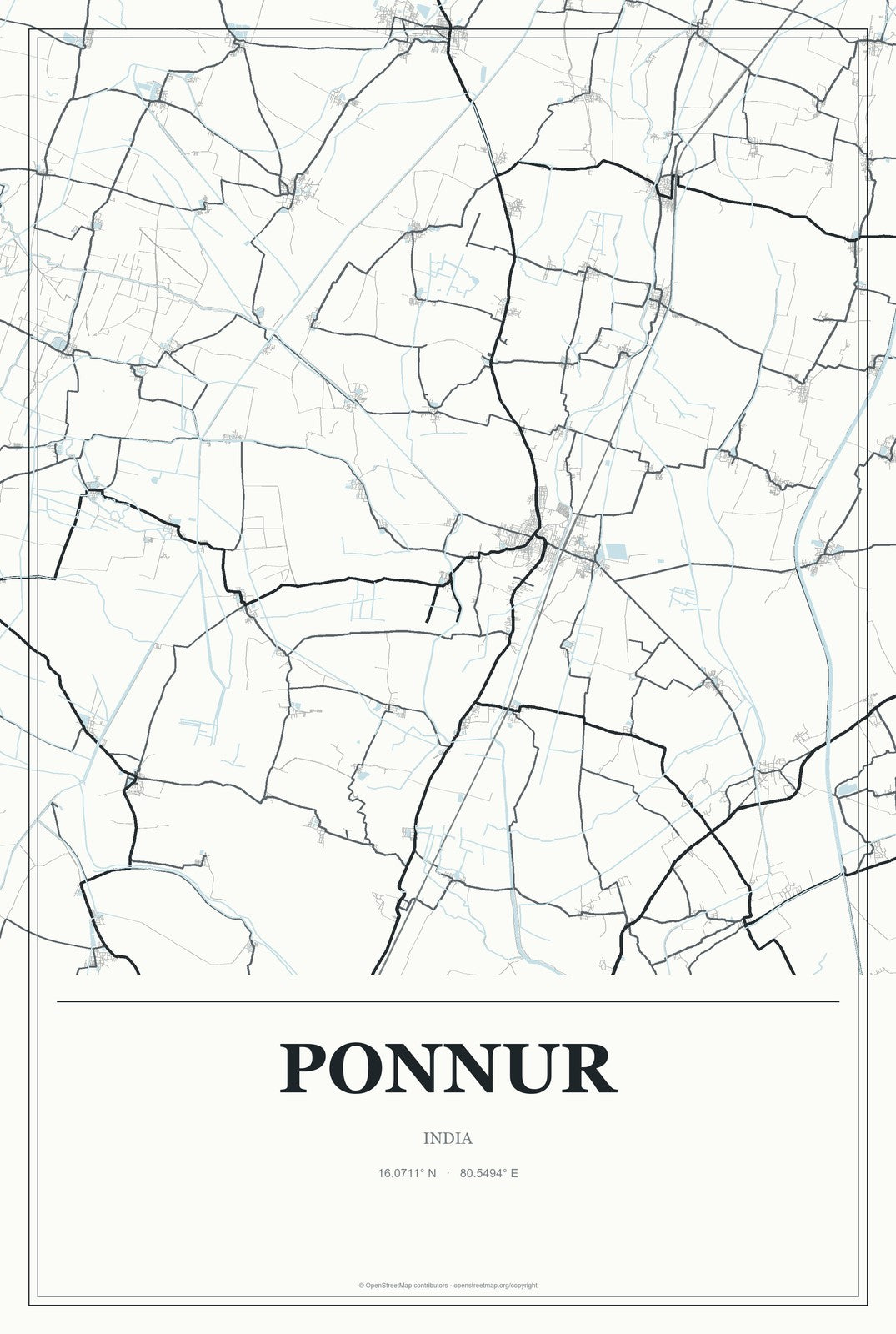 Ponnur, India City Map Aluminum Sign in Gallery Air style