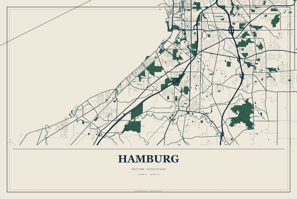 Hamburg, New York City Map Aluminum Sign in Coastal Cutout style