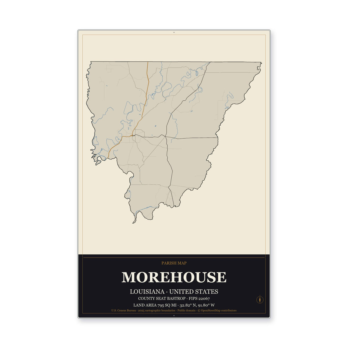 Morehouse Parish, Louisiana Map Aluminum Sign in Museum Plaque style