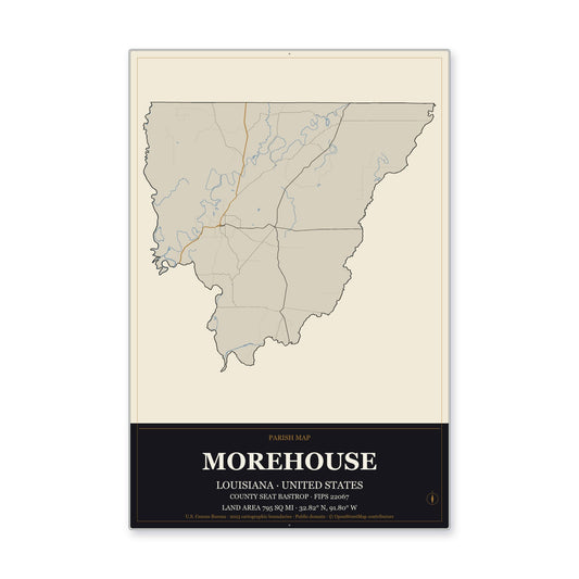 Morehouse Parish, Louisiana Map Aluminum Sign in Museum Plaque style