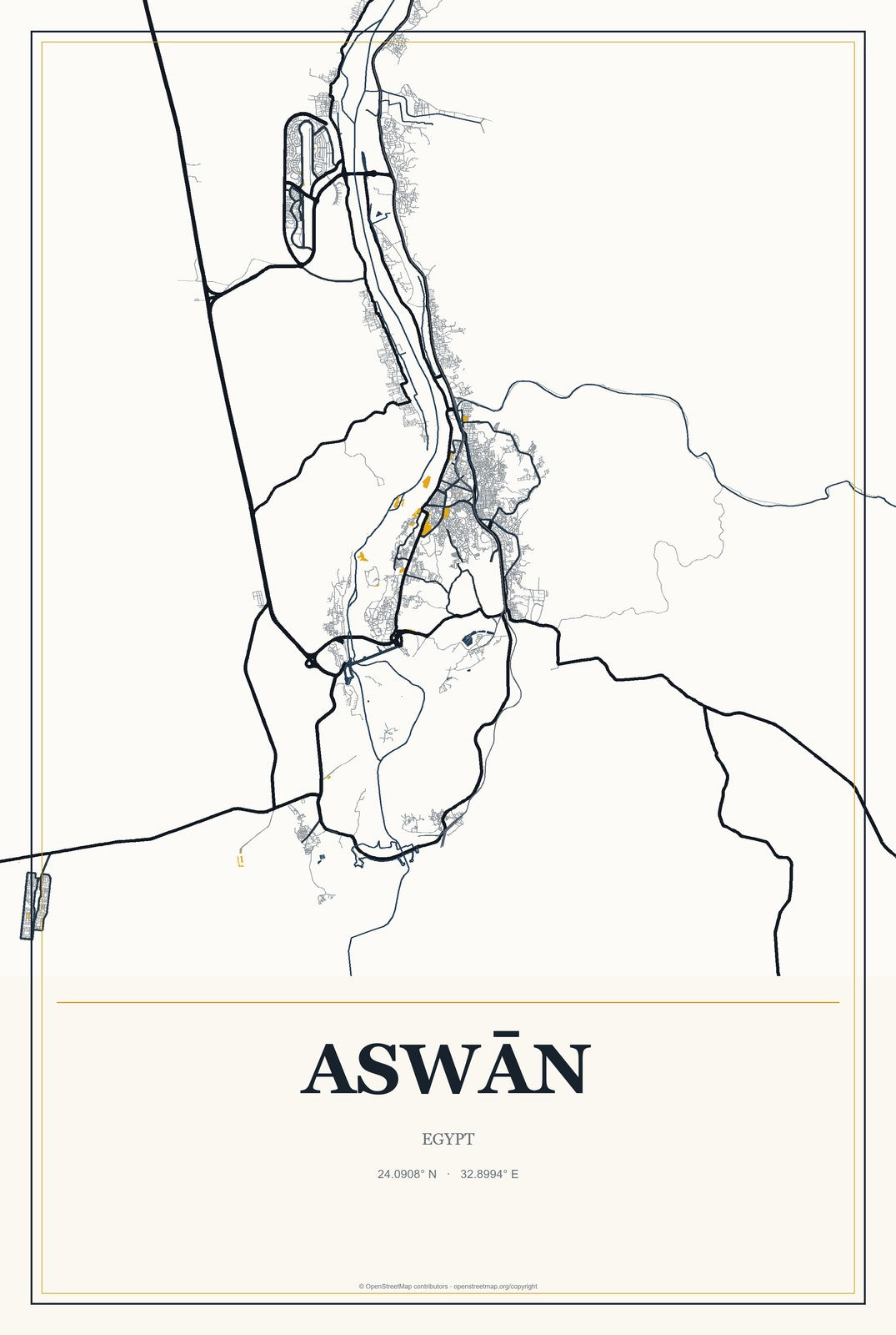Aswān, Egypt City Map Aluminum Sign in Citrine Modern style