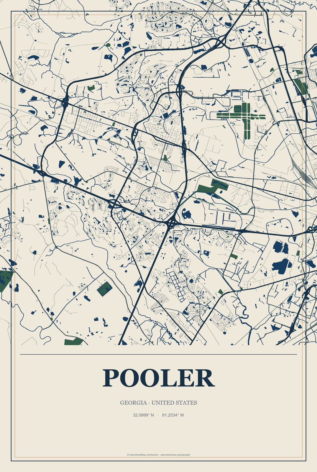Pooler, Georgia City Map Aluminum Sign in Coastal Cutout style
