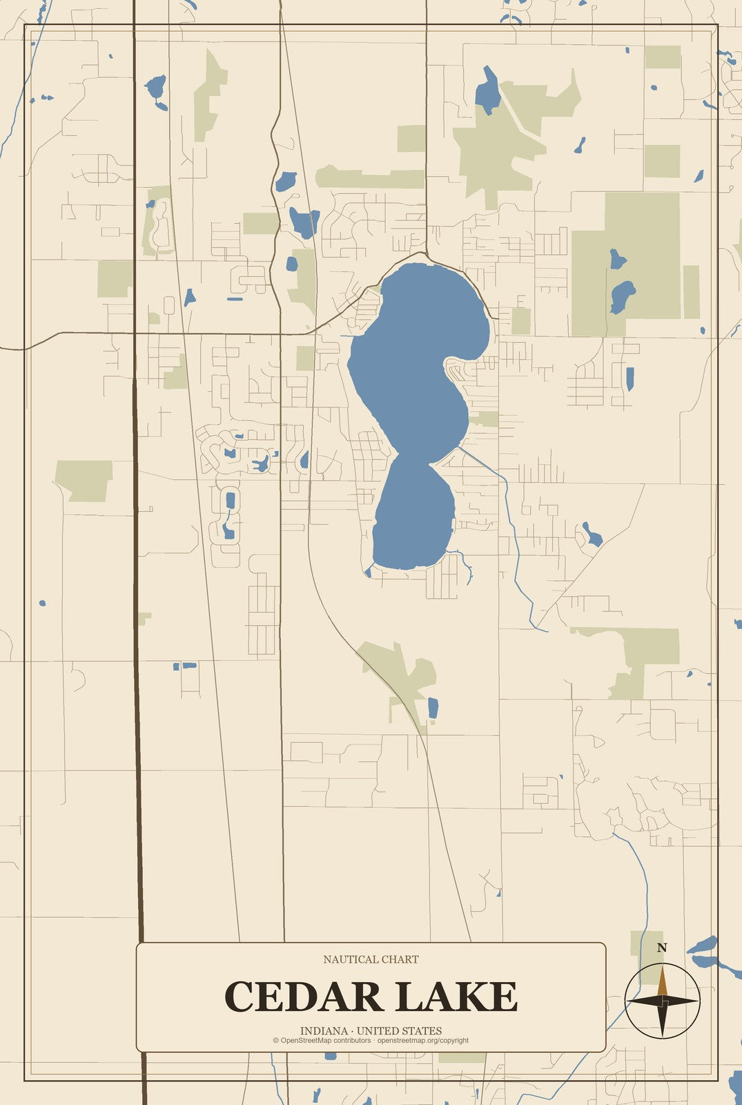 Cedar Lake, Indiana City Map Aluminum Sign in Heritage Nautical style