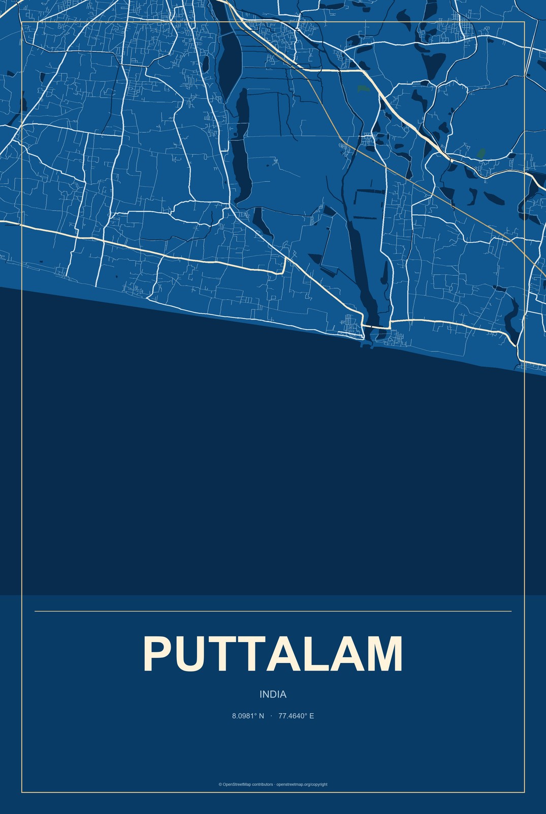 Puttalam, India City Map Aluminum Sign in Harbor Cobalt style