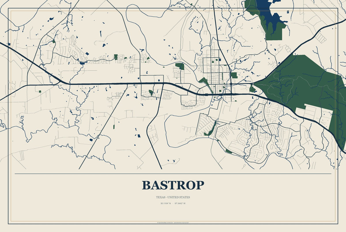 Bastrop, Texas City Map Aluminum Sign in Coastal Cutout style