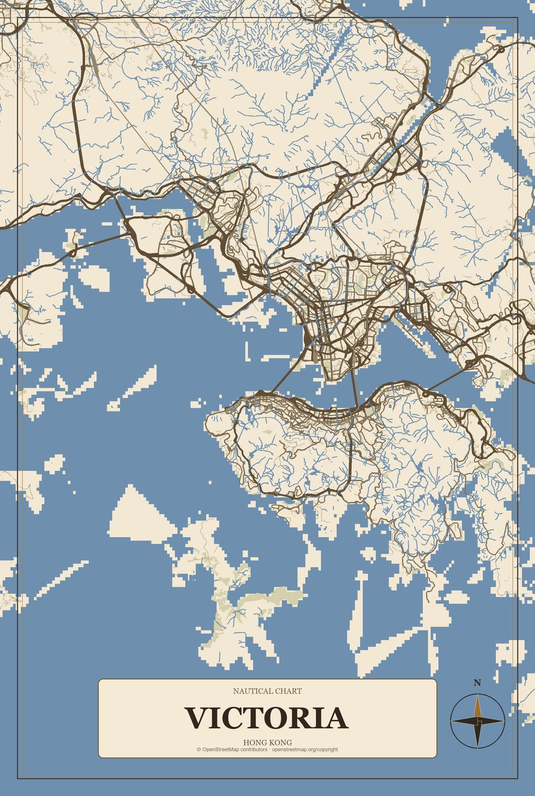 Victoria, Hong Kong City Map Aluminum Sign in Heritage Nautical style