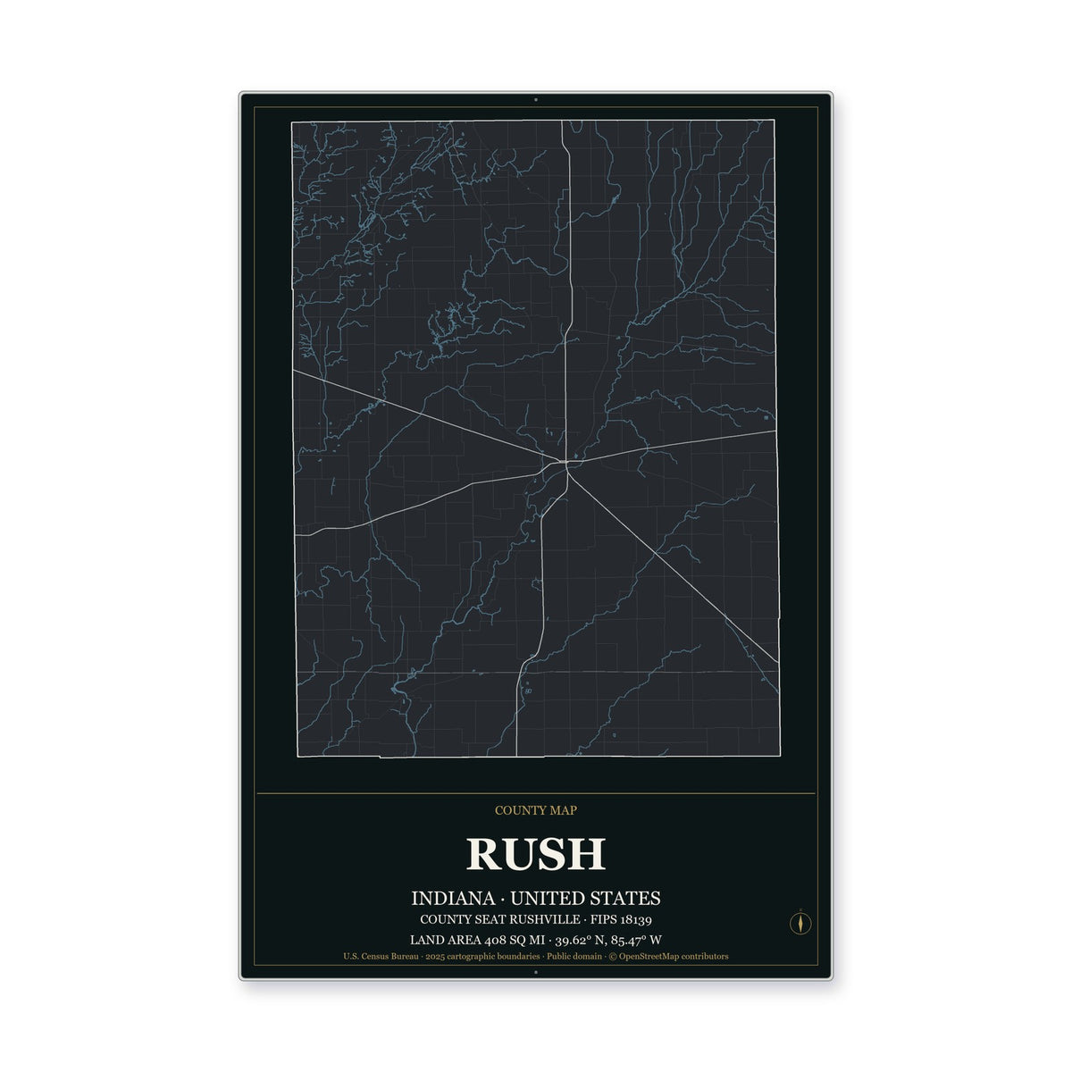 Rush County, Indiana Map Aluminum Sign in Metropolitan Noir style