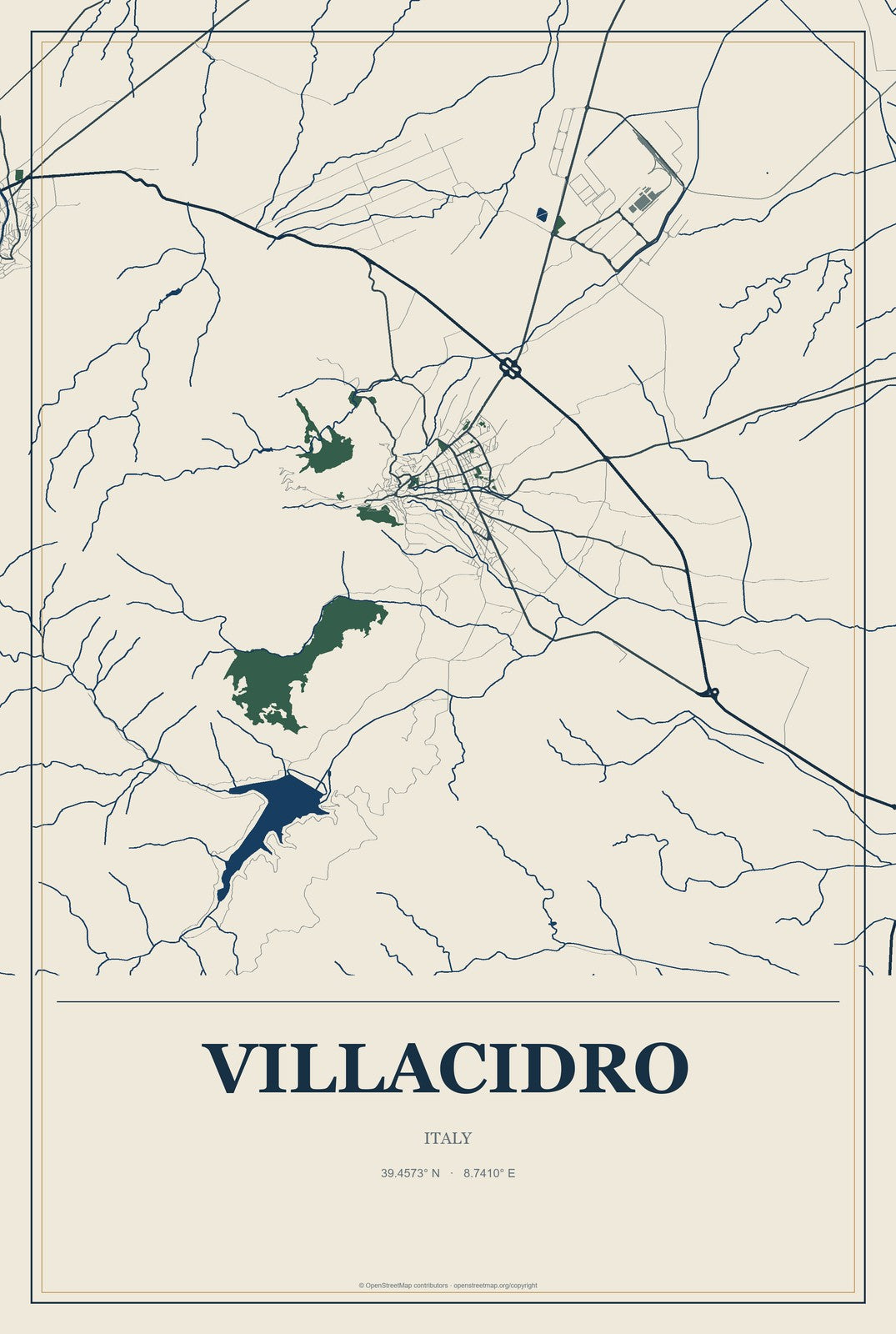 Villacidro, Italy City Map Aluminum Sign in Coastal Cutout style