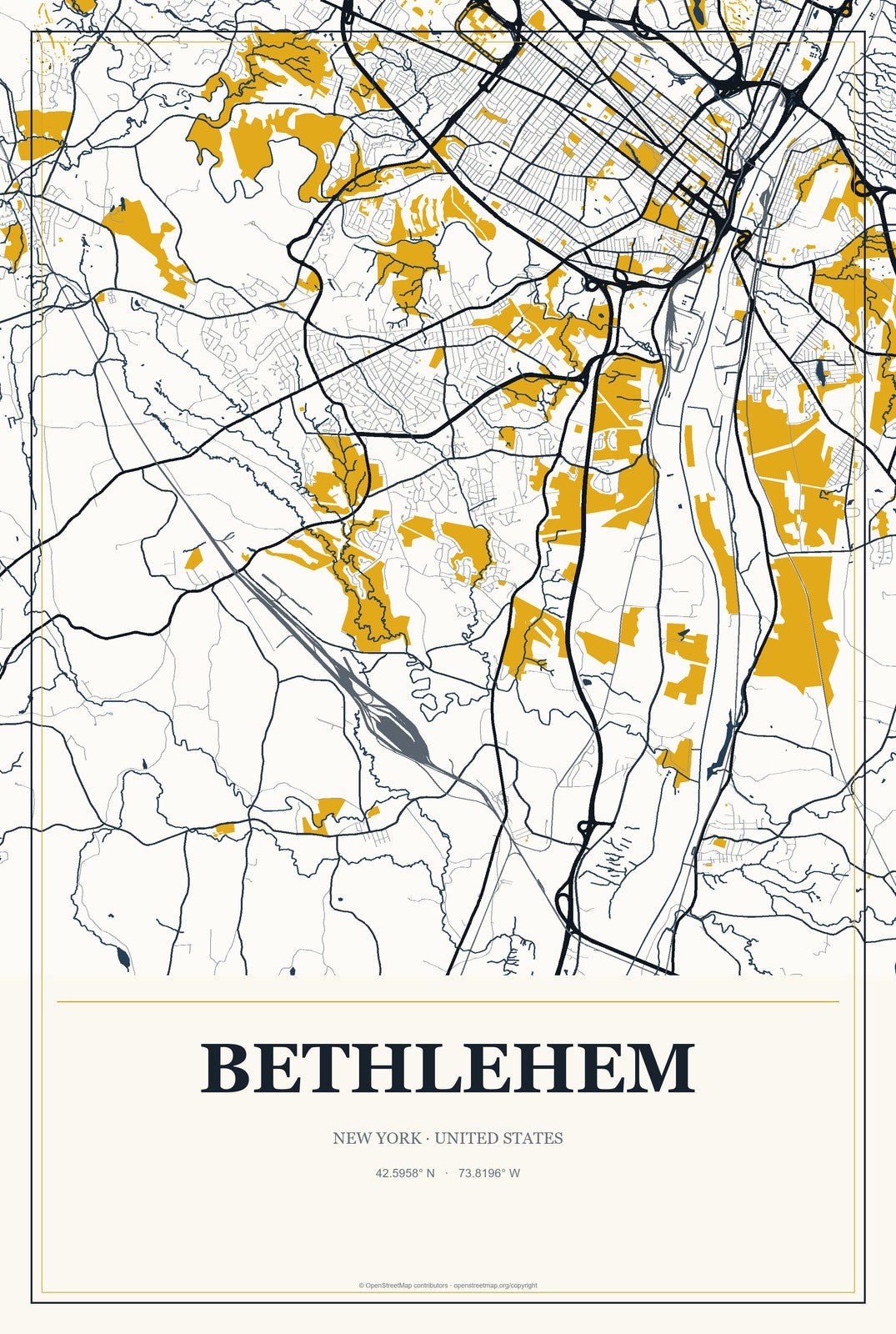 Bethlehem, New York City Map Aluminum Sign in Citrine Modern style
