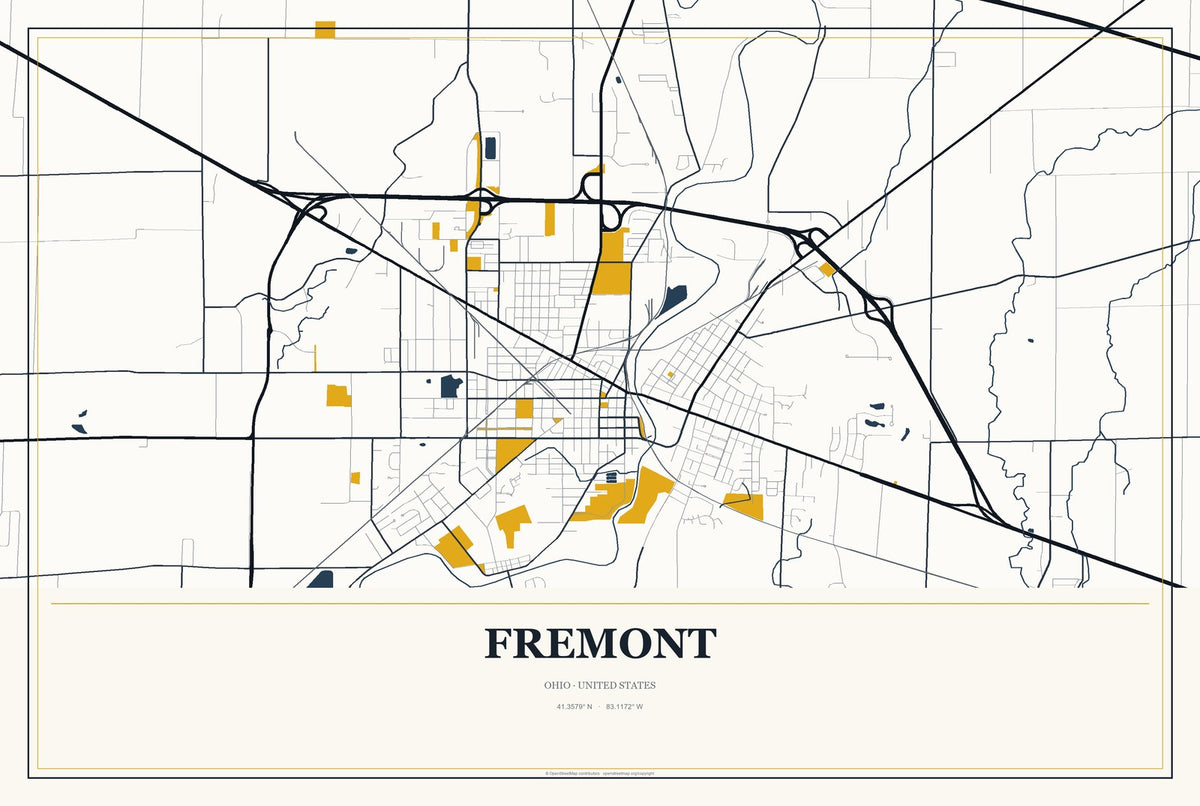 Fremont, Ohio City Map Aluminum Sign in Citrine Modern style