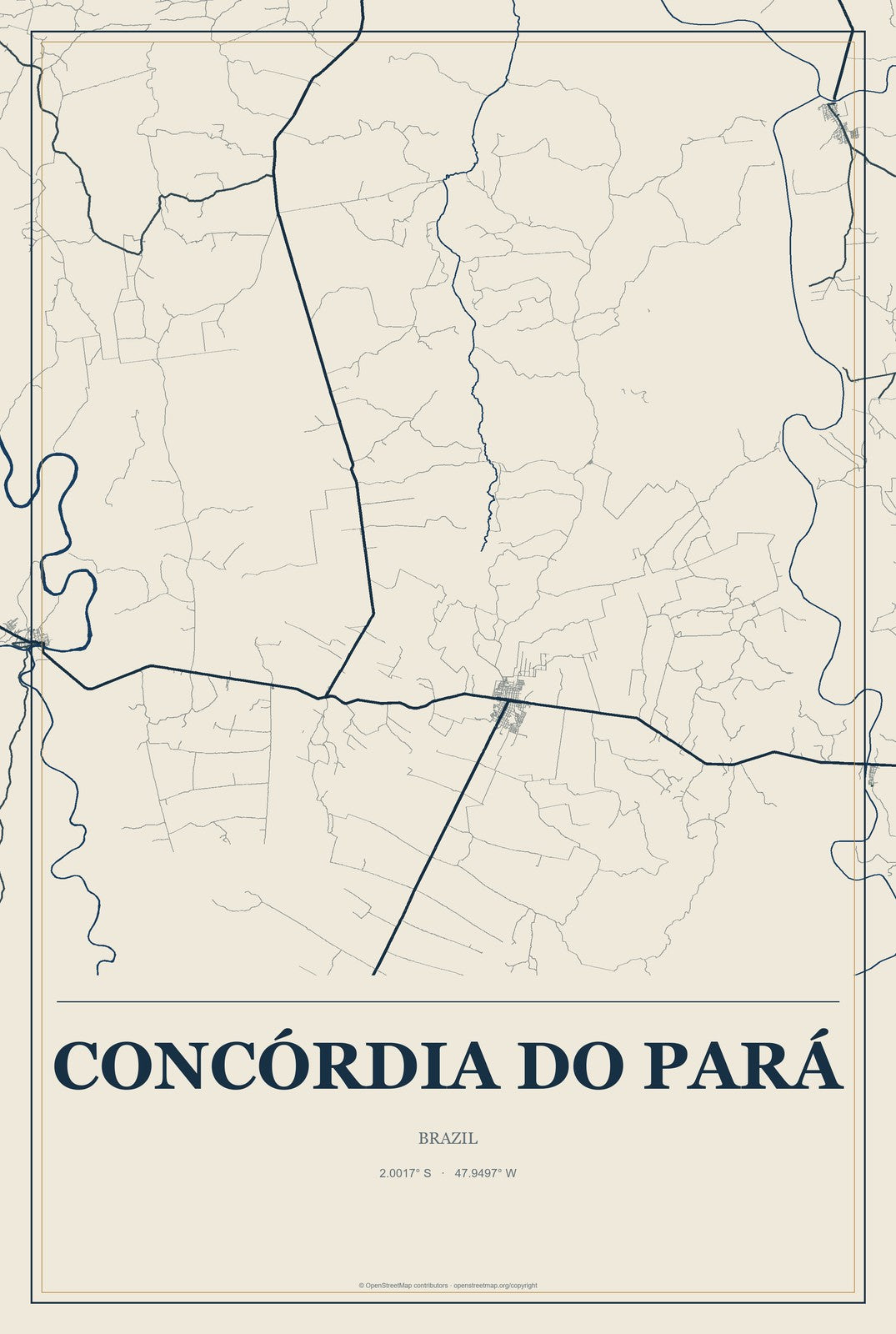Concórdia do Pará, Brazil City Map Aluminum Sign in Coastal Cutout style