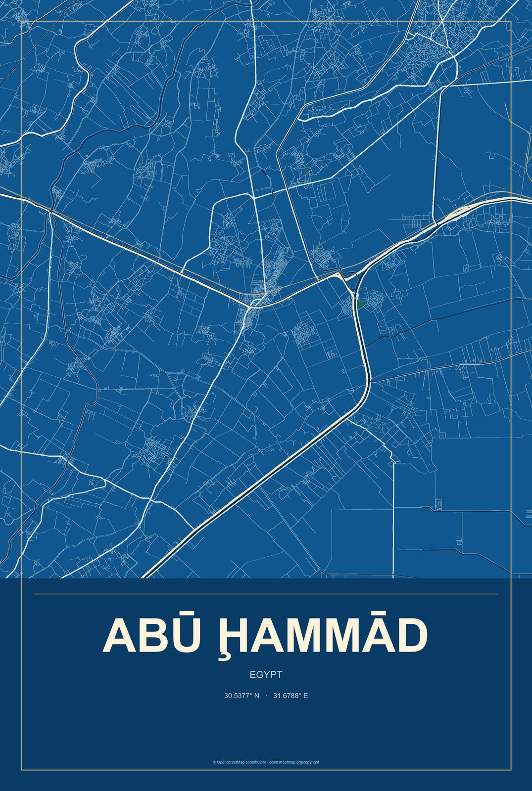 Abū Ḩammād, Egypt City Map Aluminum Sign in Harbor Cobalt style