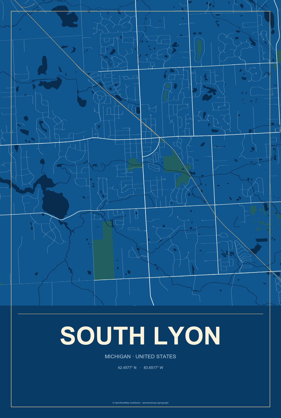 South Lyon, Michigan City Map Aluminum Sign in Harbor Cobalt style