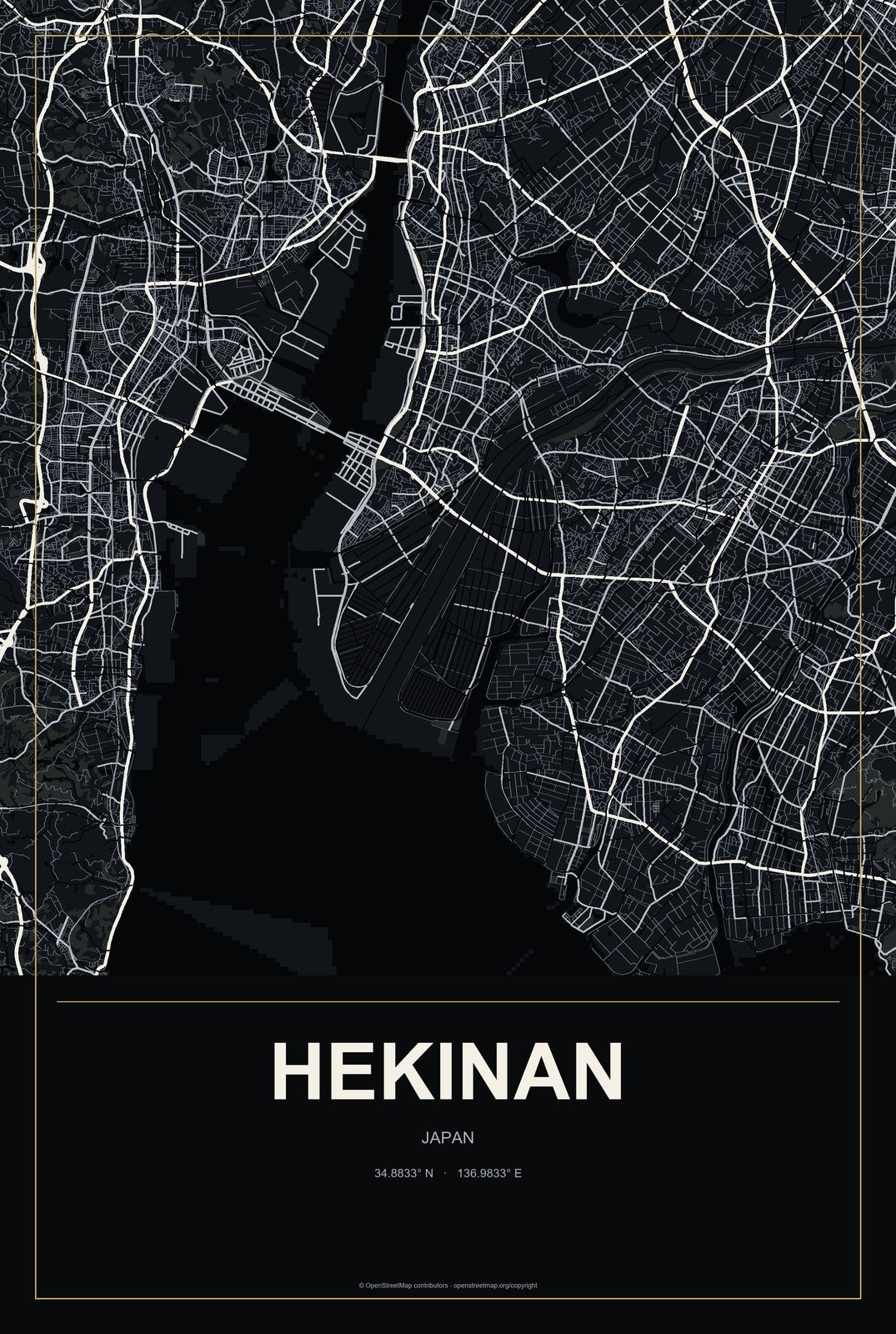 Hekinan, Japan City Map Aluminum Sign in Metropolitan Noir style