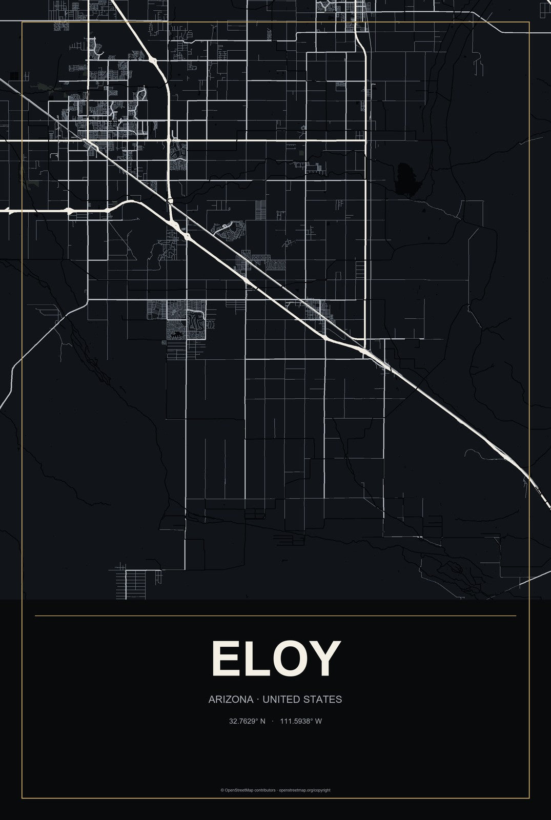 Eloy, Arizona City Map Aluminum Sign in Metropolitan Noir style