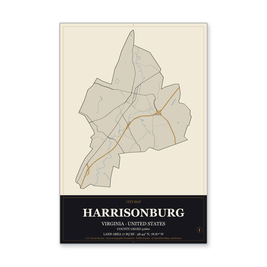 Harrisonburg city, Virginia Map Aluminum Sign in Museum Plaque style