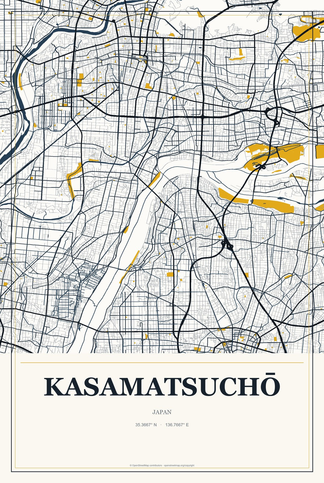 Kasamatsuchō, Japan City Map Aluminum Sign in Citrine Modern style