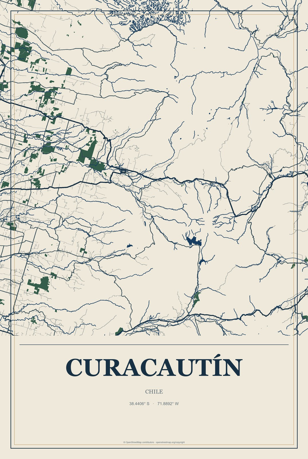 Curacautín, Chile City Map Aluminum Sign in Coastal Cutout style