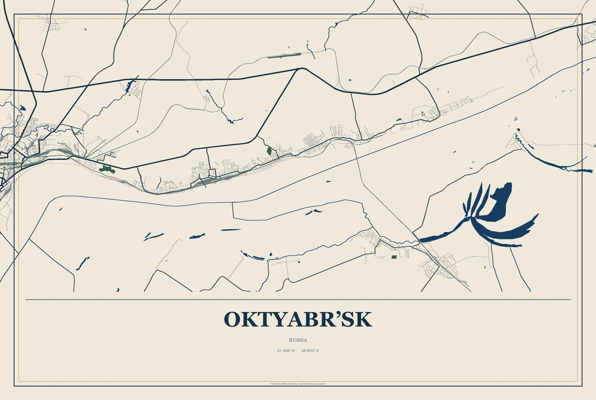 Oktyabr’sk, Russia City Map Aluminum Sign in Coastal Cutout style