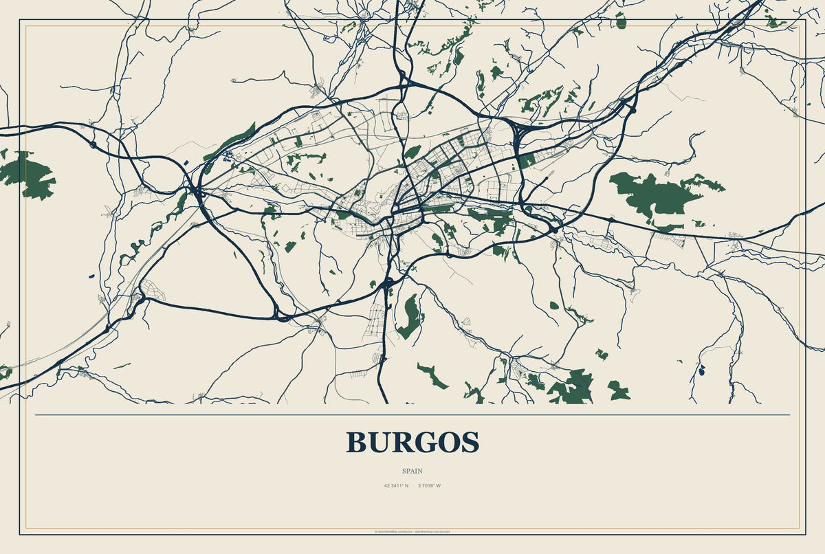 Burgos, Spain City Map Aluminum Sign in Coastal Cutout style