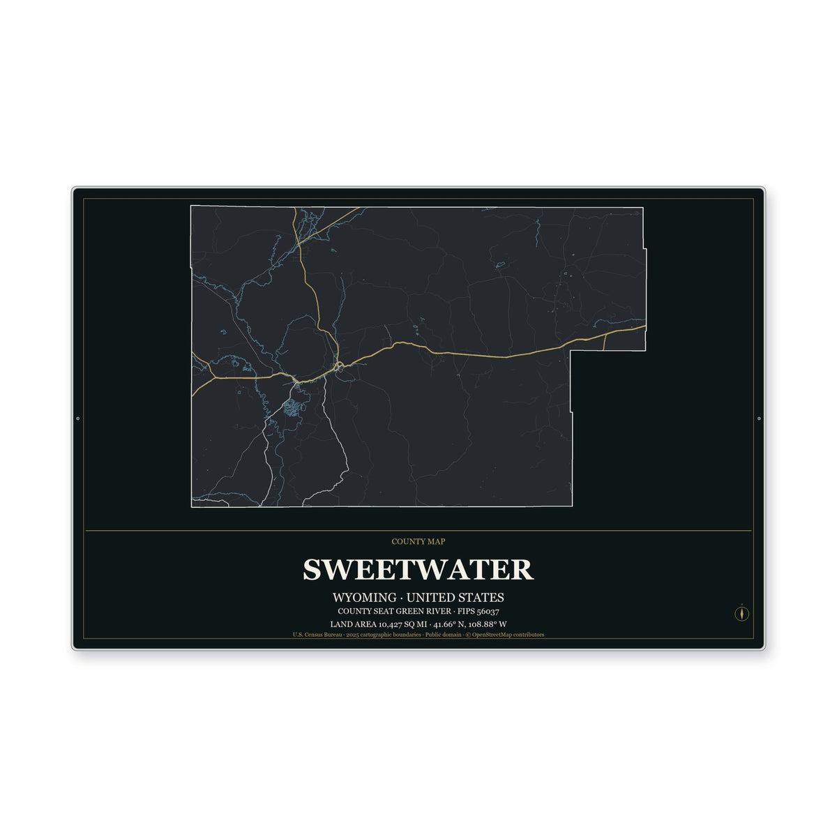 Sweetwater County, Wyoming Map Aluminum Sign in Metropolitan Noir style