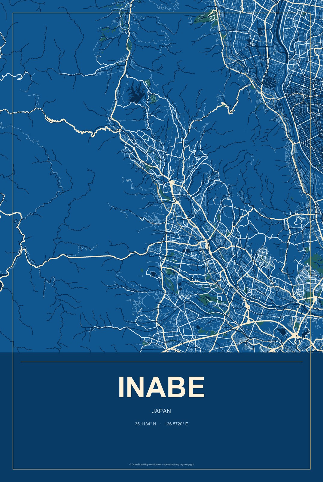 Inabe, Japan City Map Aluminum Sign in Harbor Cobalt style