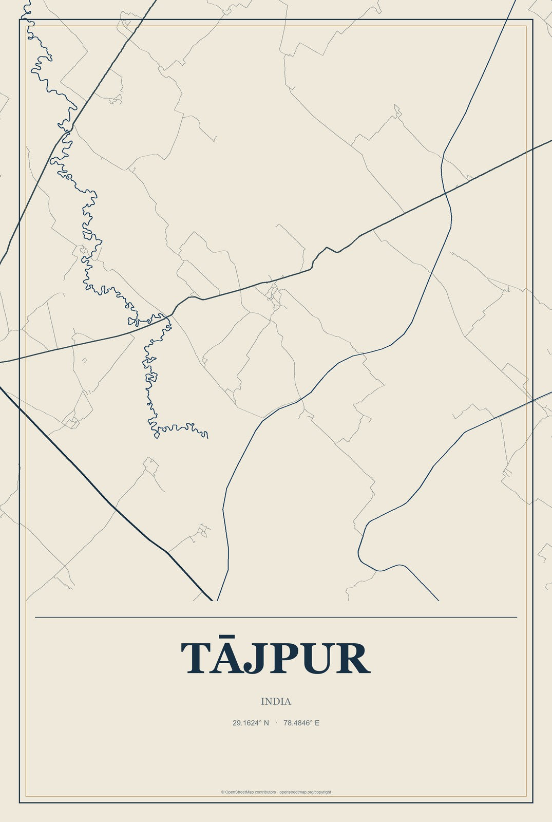 Tājpur, India City Map Aluminum Sign in Coastal Cutout style