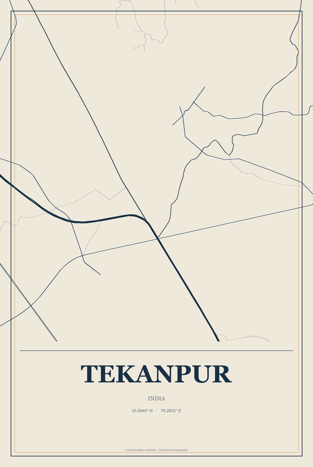 Tekanpur, India City Map Aluminum Sign in Coastal Cutout style