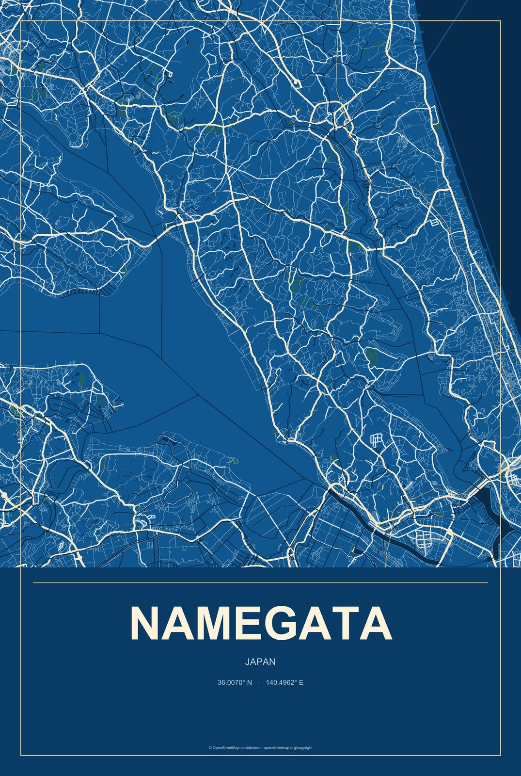 Namegata, Japan City Map Aluminum Sign in Harbor Cobalt style