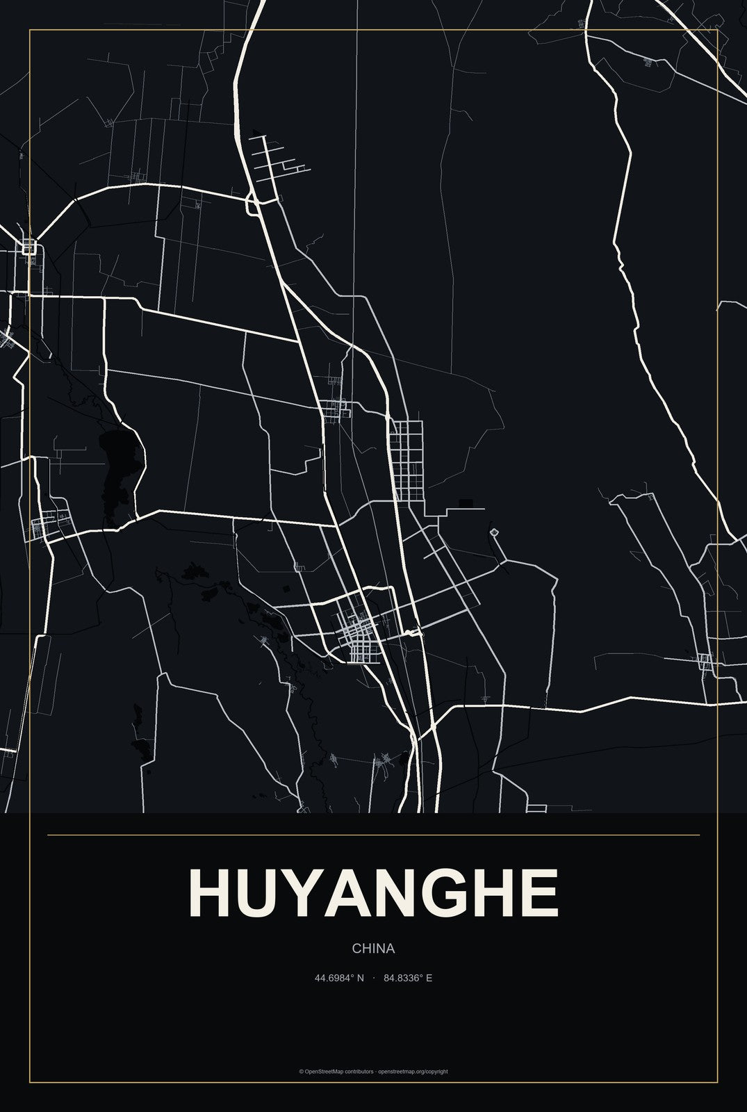 Huyanghe, China City Map Aluminum Sign in Metropolitan Noir style