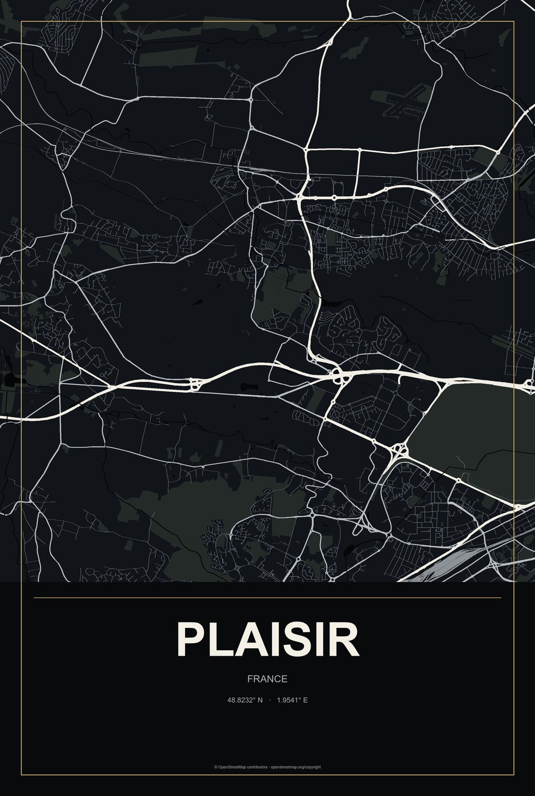 Plaisir, France City Map Aluminum Sign in Metropolitan Noir style