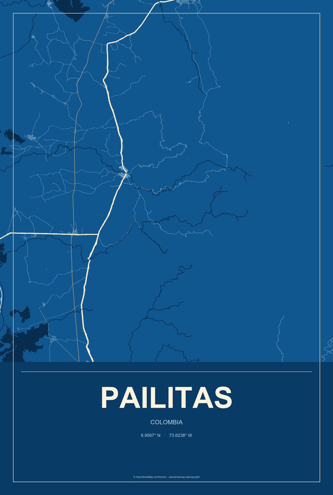 Pailitas, Colombia City Map Aluminum Sign in Harbor Cobalt style