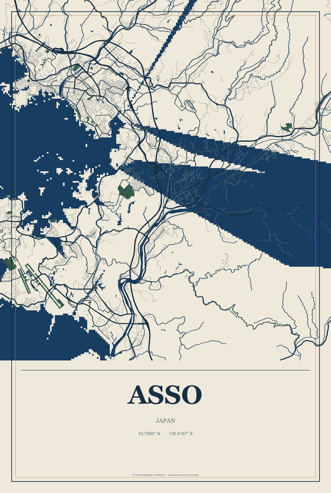 Asso, Japan City Map Aluminum Sign in Coastal Cutout style