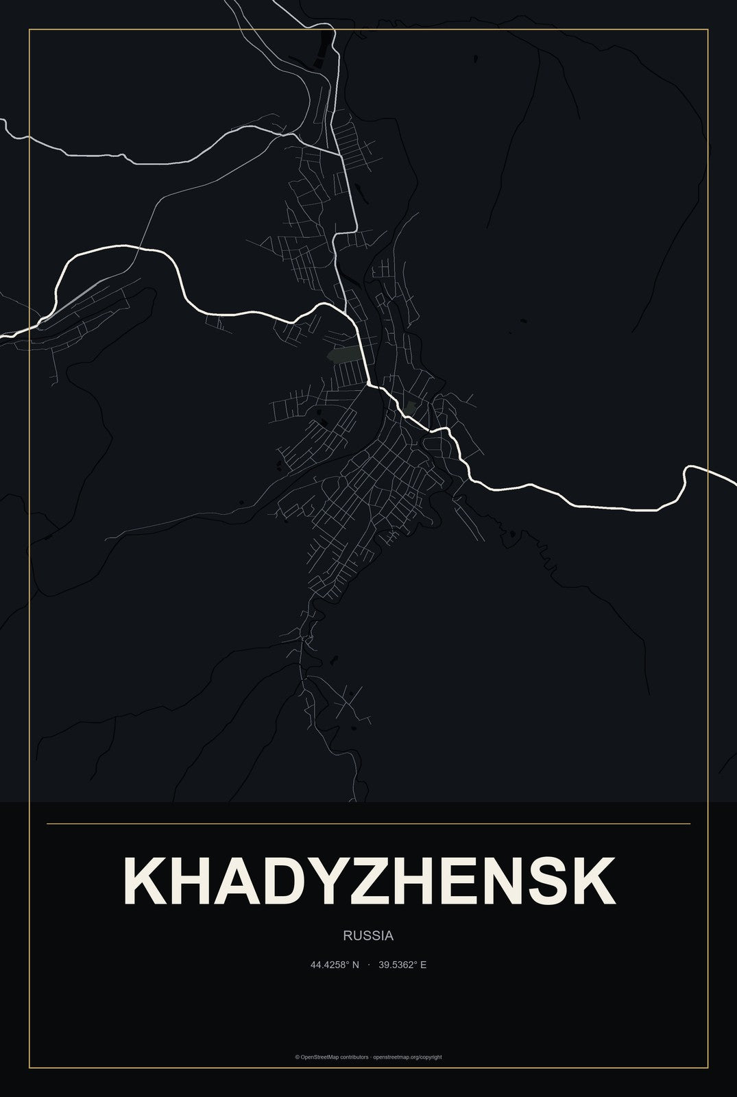 Khadyzhensk, Russia City Map Aluminum Sign in Metropolitan Noir style