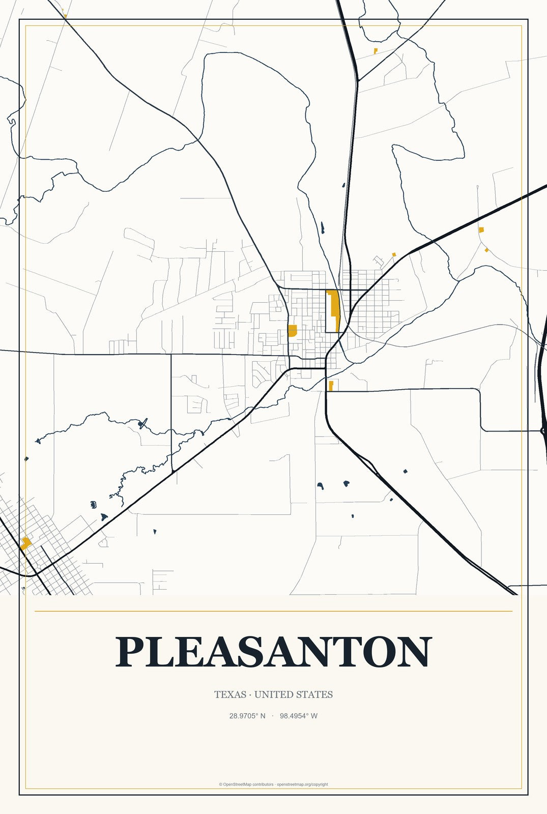 Pleasanton, Texas City Map Aluminum Sign in Citrine Modern style