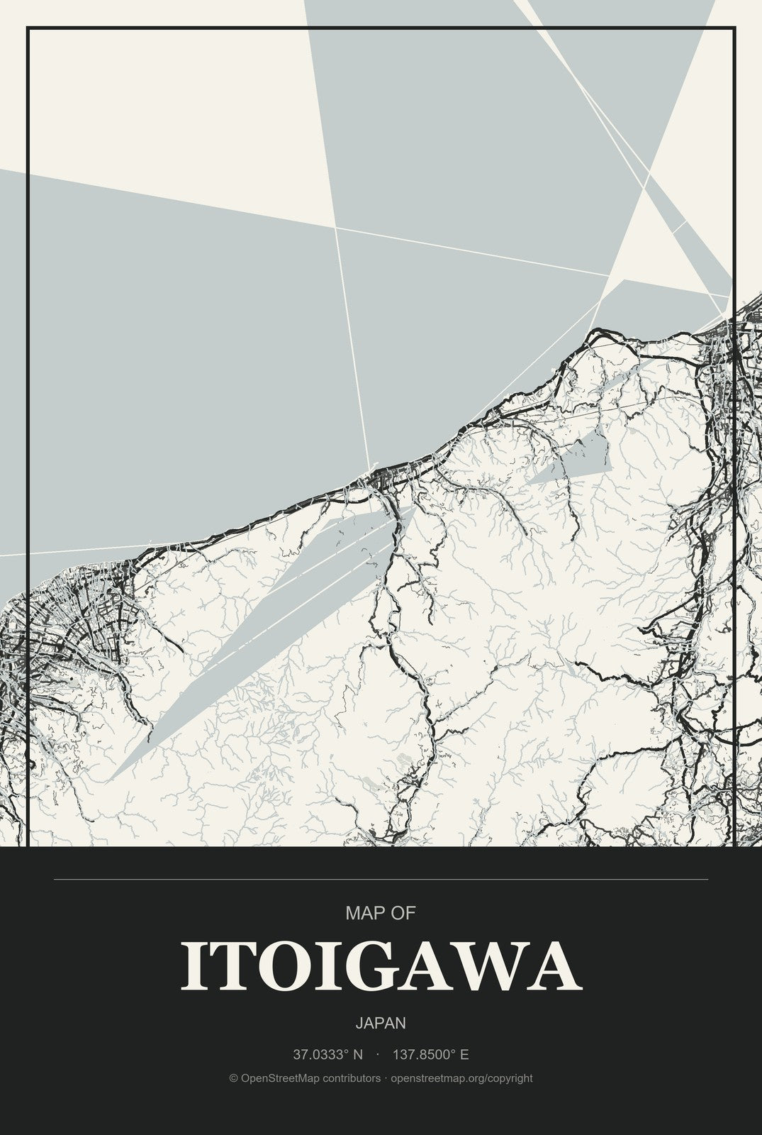 Itoigawa, Japan City Map Aluminum Sign in Museum Plaque style