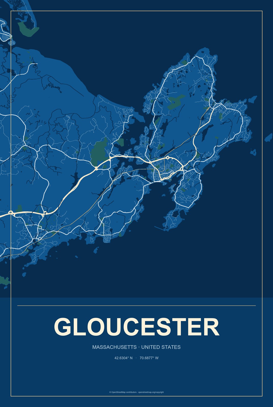Gloucester, Massachusetts City Map Aluminum Sign in Harbor Cobalt style