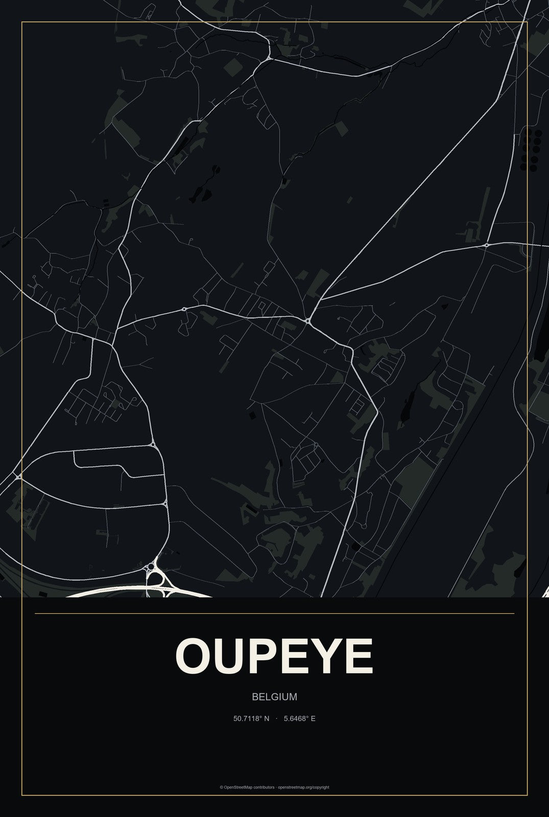 Oupeye, Belgium City Map Aluminum Sign in Metropolitan Noir style