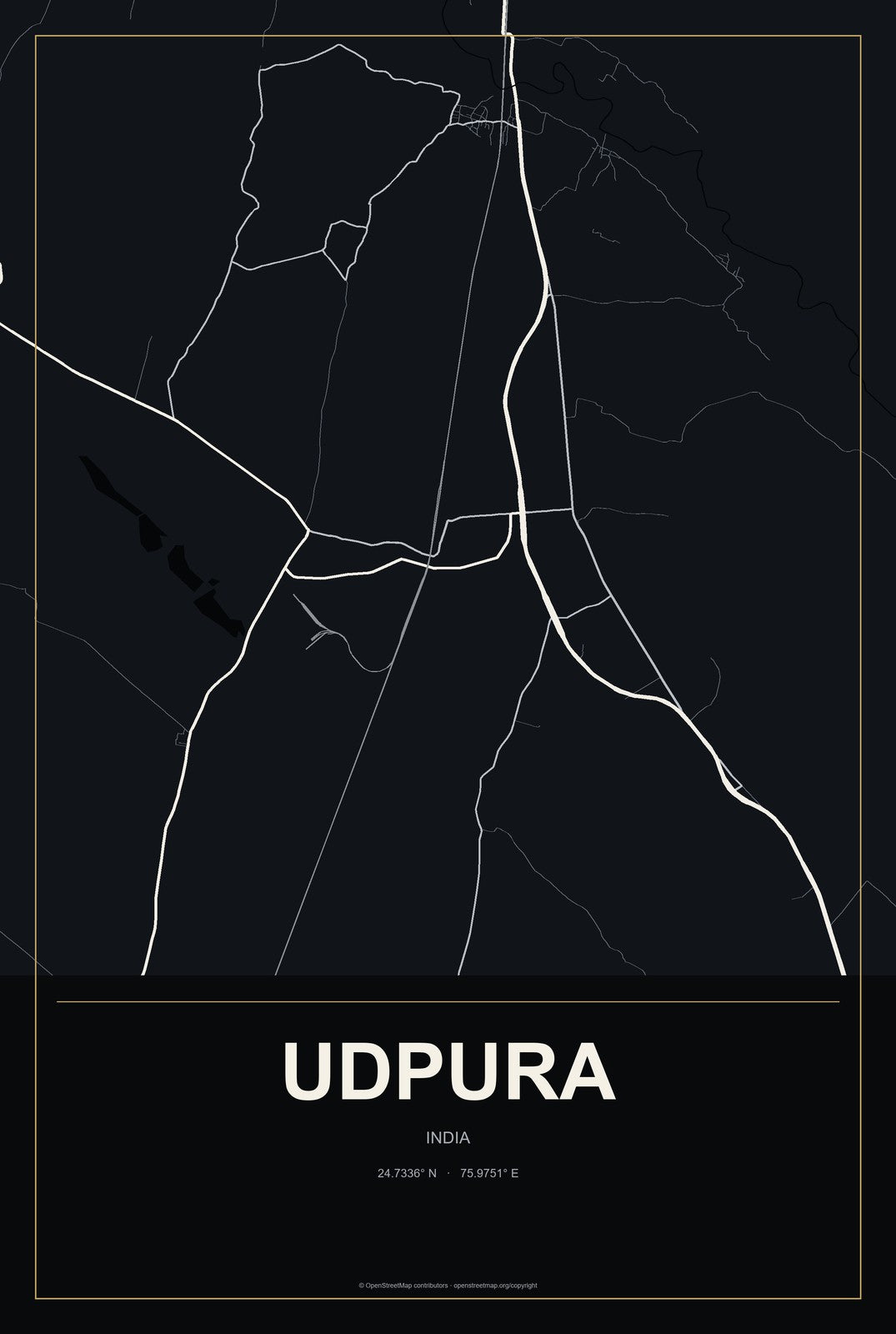 Udpura, India City Map Aluminum Sign in Metropolitan Noir style