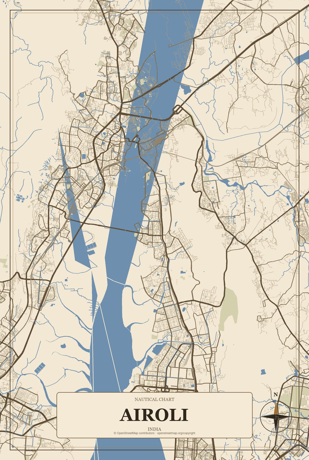 Airoli, India City Map Aluminum Sign in Heritage Nautical style