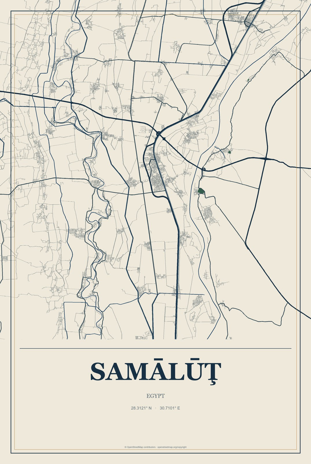 Samālūţ, Egypt City Map Aluminum Sign in Coastal Cutout style