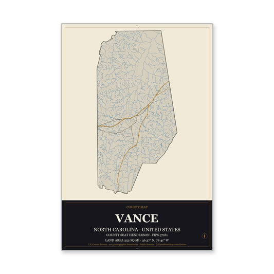 Vance County, North Carolina Map Aluminum Sign in Museum Plaque style
