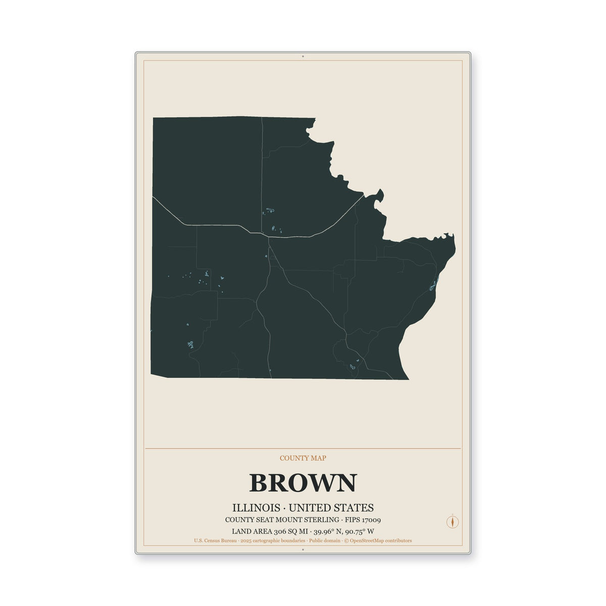Brown County, Illinois Map Aluminum Sign in Headline Atlas style