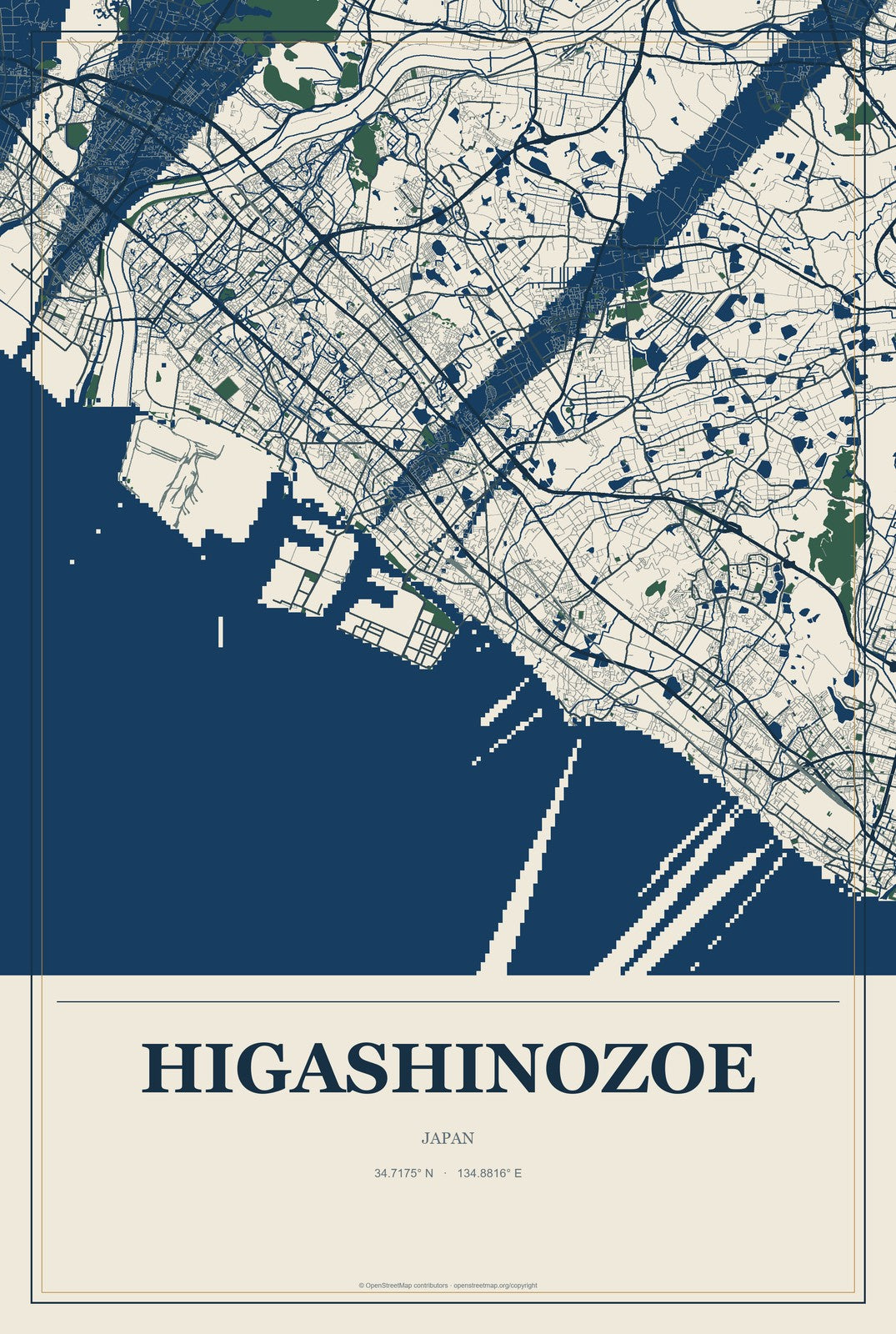 Higashinozoe, Japan City Map Aluminum Sign in Coastal Cutout style