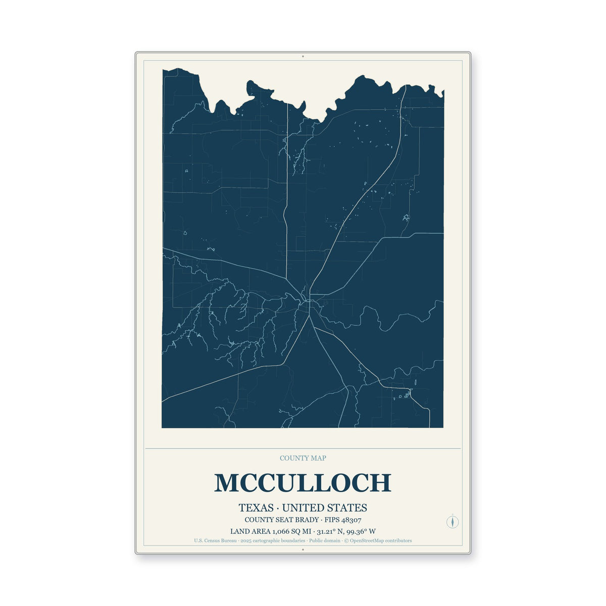 McCulloch County, Texas Map Aluminum Sign in Coastal Cutout style