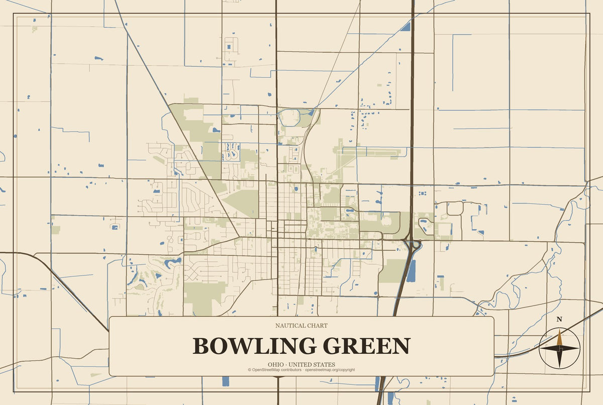 Bowling Green, Ohio City Map Aluminum Sign in Heritage Nautical style