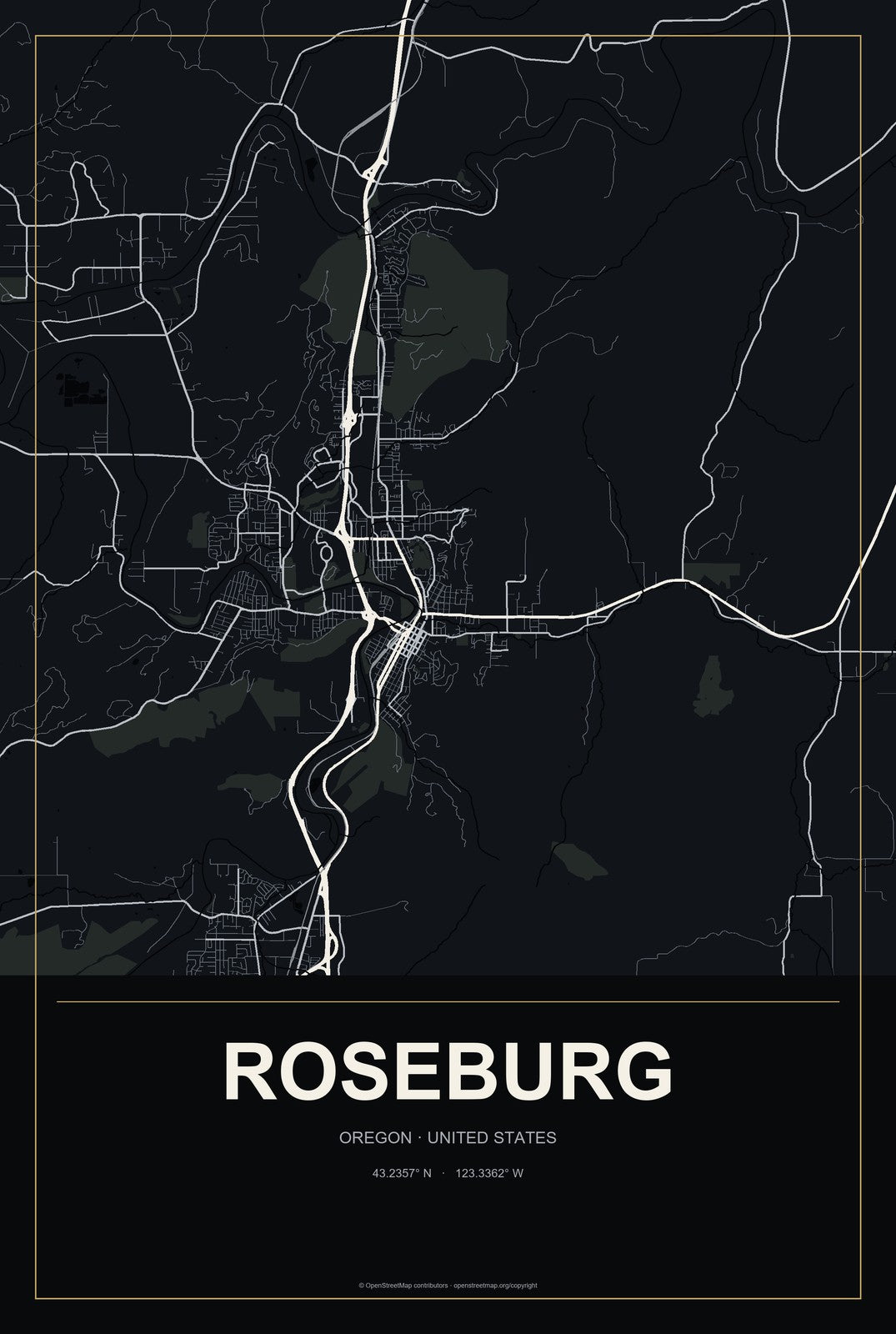 Roseburg, Oregon City Map Aluminum Sign in Metropolitan Noir style