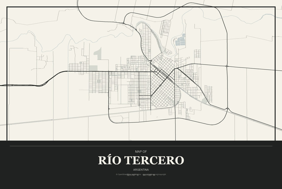 Río Tercero, Argentina City Map Aluminum Sign in Museum Plaque style