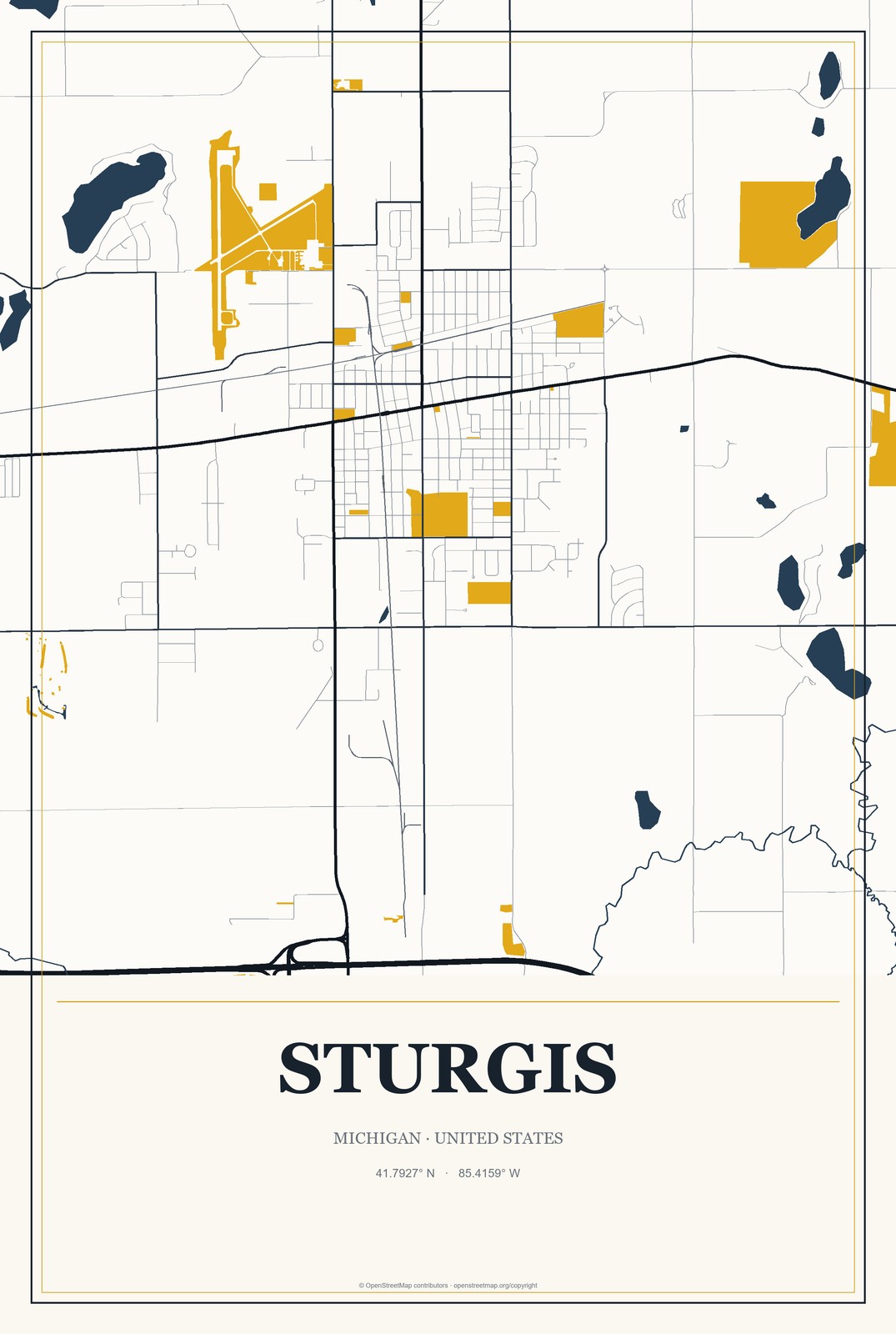 Sturgis, Michigan City Map Aluminum Sign in Citrine Modern style